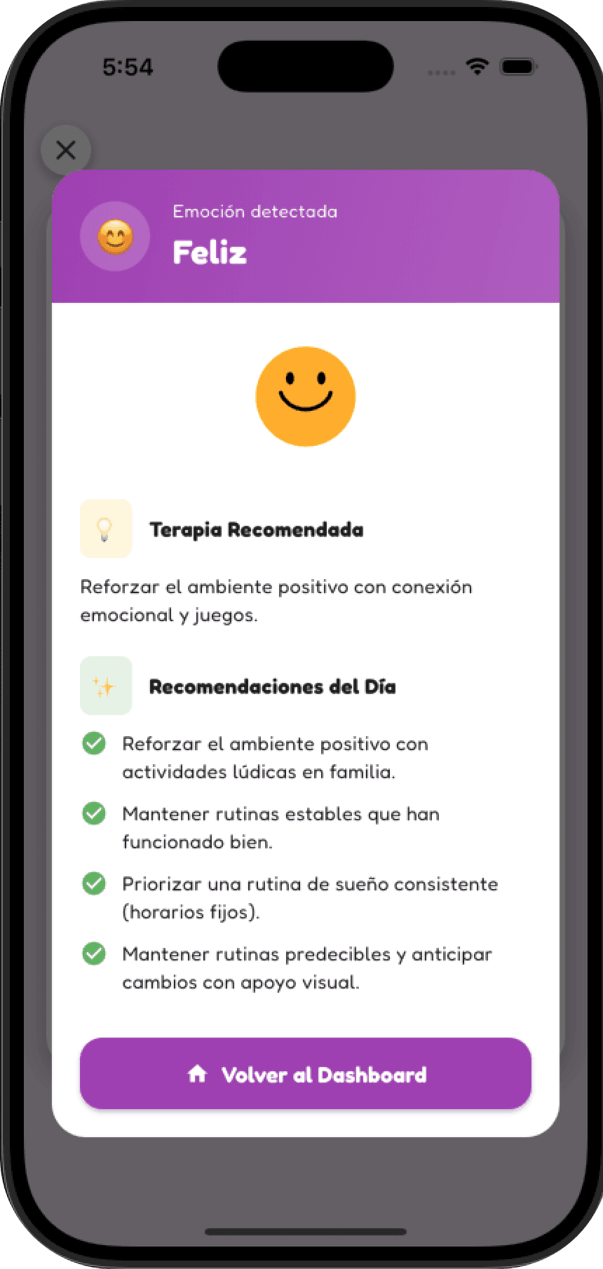 Pantalla de resultado con emoción detectada y recomendaciones del día